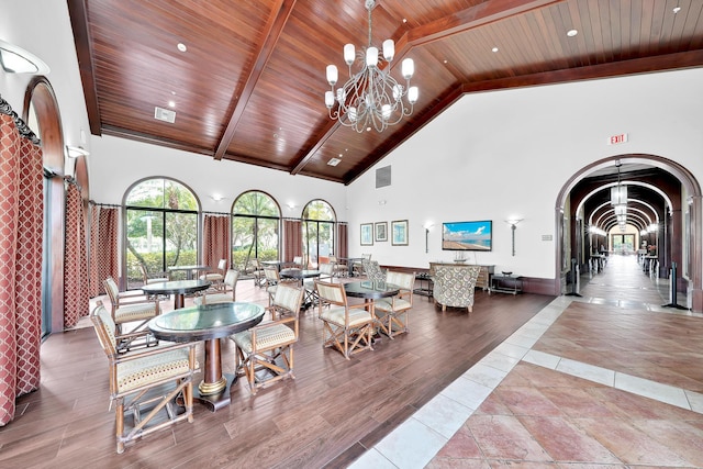 dining room with an inviting chandelier, visible vents, high vaulted ceiling, and wooden ceiling
