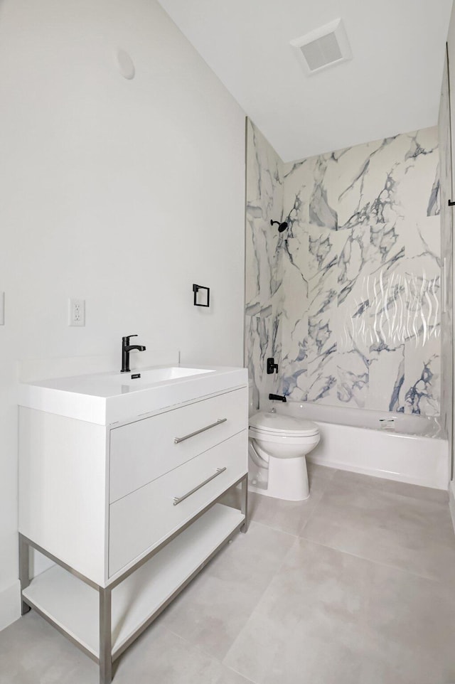 bathroom featuring toilet, vanity, bathtub / shower combination, and visible vents