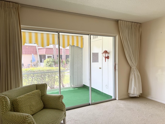 living area featuring baseboards, carpet floors, and a textured ceiling