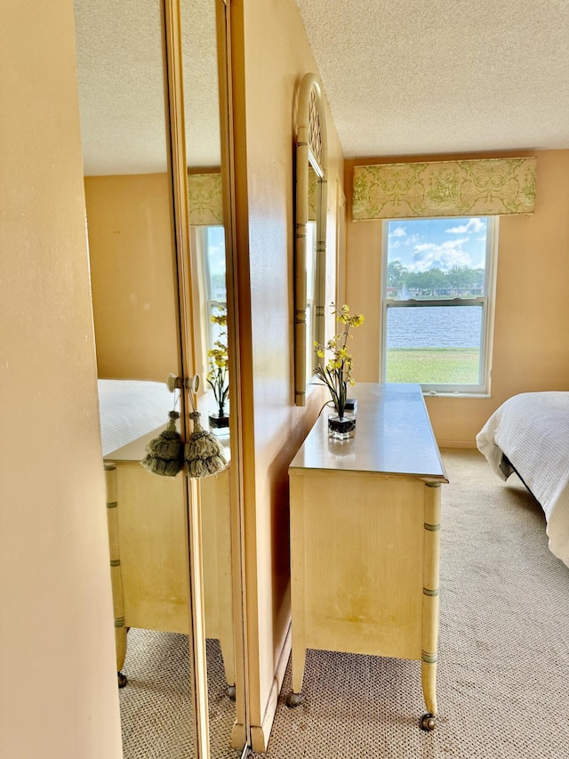 interior space featuring carpet floors, a textured ceiling, and a water view