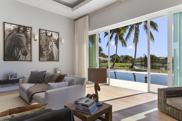 living area featuring wood finished floors, recessed lighting, a water view, and a healthy amount of sunlight