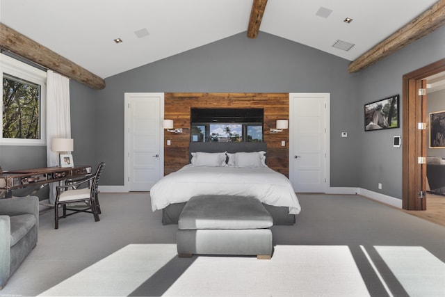 bedroom featuring carpet floors, visible vents, vaulted ceiling with beams, and baseboards