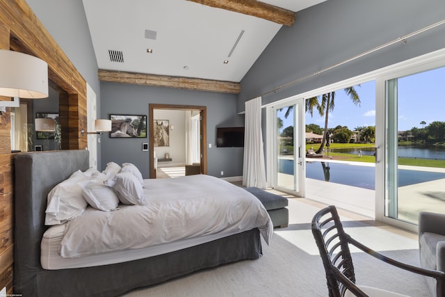 bedroom featuring visible vents, beam ceiling, access to outside, high vaulted ceiling, and ensuite bathroom