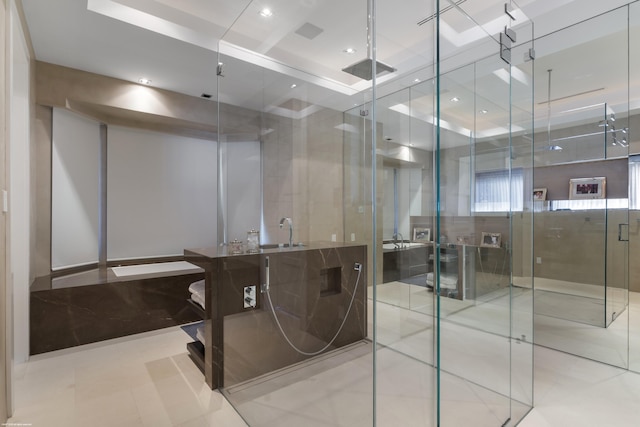 full bath with tile patterned flooring, visible vents, recessed lighting, and a stall shower