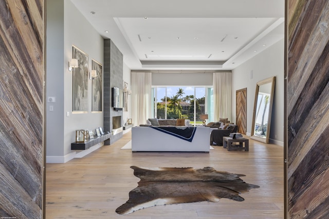 interior space with baseboards, light wood-style floors, and a raised ceiling
