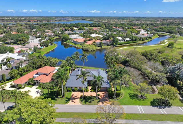 aerial view with a water view and a residential view