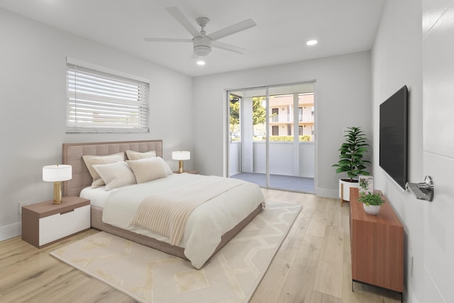bedroom with recessed lighting, a ceiling fan, access to exterior, and light wood-type flooring