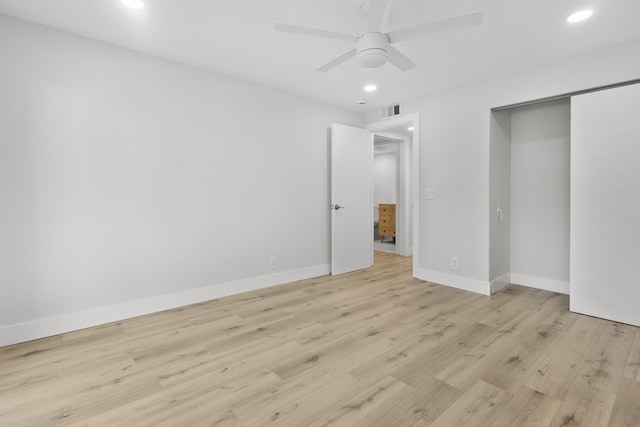 unfurnished bedroom with visible vents, recessed lighting, and light wood-type flooring