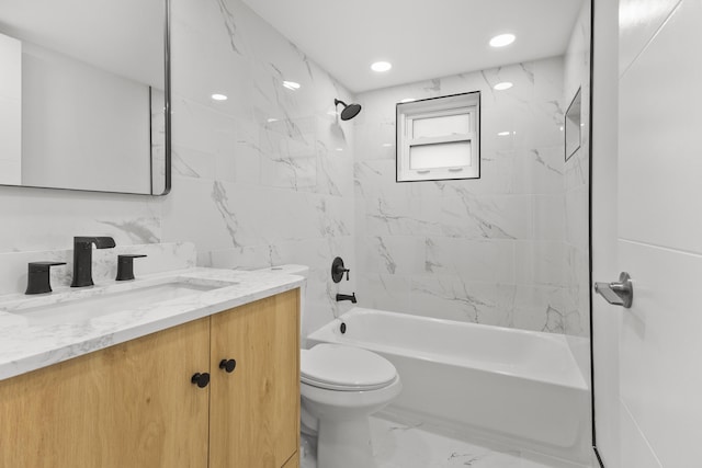 bathroom with vanity, toilet,  shower combination, marble finish floor, and recessed lighting
