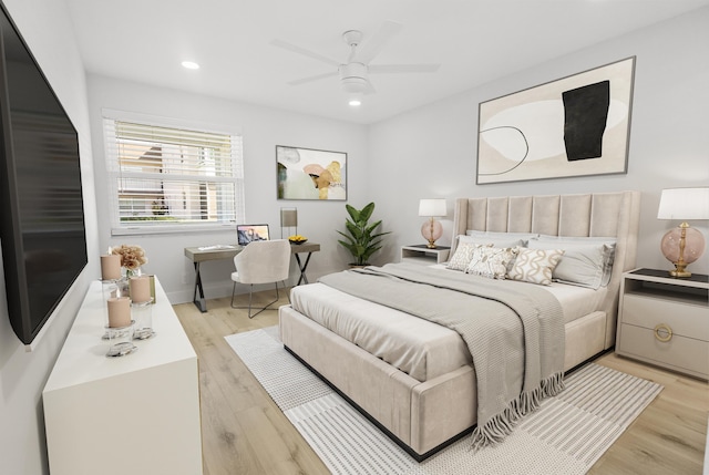 bedroom featuring recessed lighting, ceiling fan, and light wood-type flooring