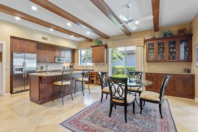 dining area featuring beamed ceiling, visible vents, a ceiling fan, and recessed lighting