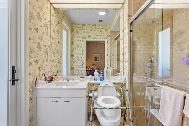 bathroom with toilet, a stall shower, visible vents, wallpapered walls, and vanity
