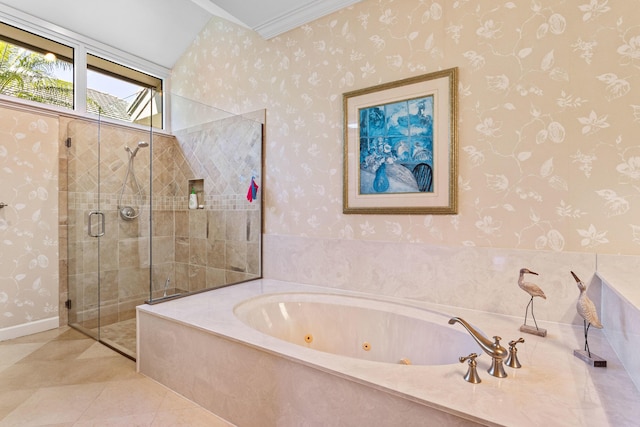 full bath with wallpapered walls, a jetted tub, and a stall shower