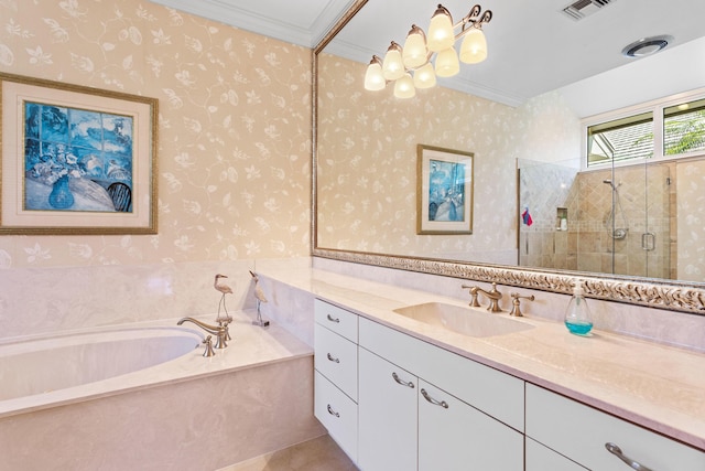 bathroom featuring wallpapered walls, visible vents, vanity, and a stall shower