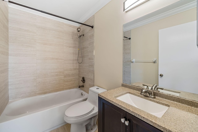 full bathroom featuring toilet, vanity, ornamental molding, and shower / washtub combination