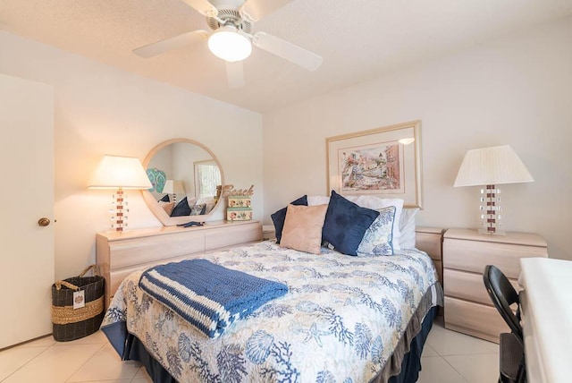 bedroom featuring light tile patterned flooring and a ceiling fan