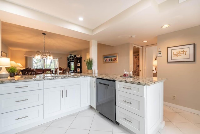 kitchen with white cabinetry, light tile patterned floors, a sink, dishwasher, and light stone countertops