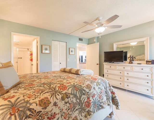 bedroom featuring a textured ceiling, visible vents, a closet, and a ceiling fan
