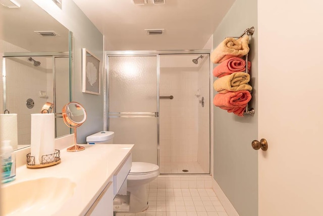bathroom with tile patterned flooring, visible vents, vanity, and a shower stall
