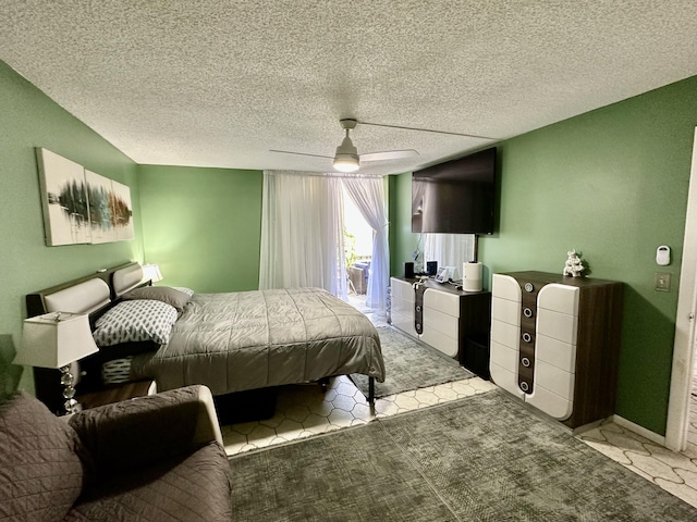 bedroom featuring a textured ceiling and ceiling fan
