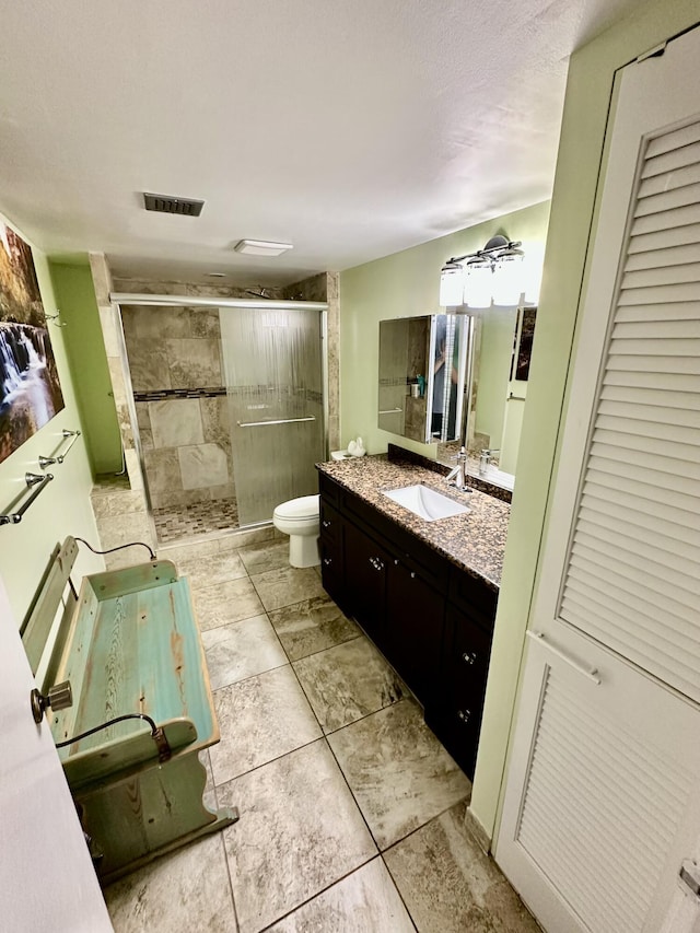 bathroom featuring vanity, a closet, toilet, a shower stall, and visible vents