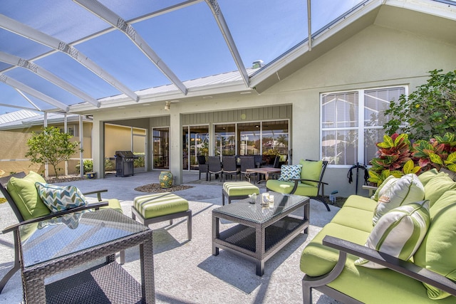2036 SW Mayflower Dr, Palm City, FL 34990 - view of patio / terrace with an outdoor hangout area, a grill, outdoor dining space, and a lanai