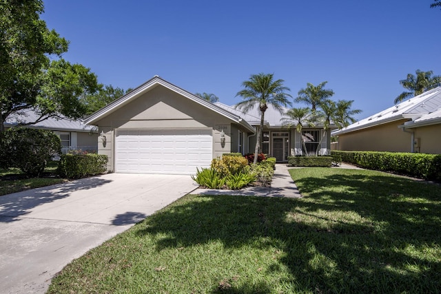 2036 SW Mayflower Dr, Palm City, FL 34990 - ranch-style house featuring an attached garage, concrete driveway, a front lawn, and stucco siding