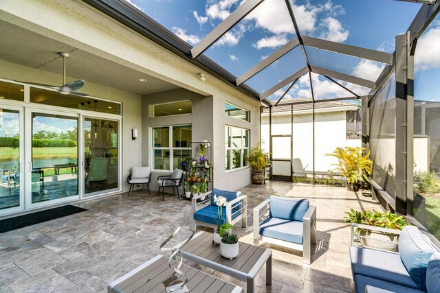 9237 Seahorse Bay Dr, Boynton Beach, FL 33473 - sunroom featuring outdoor lounge area and ceiling fan