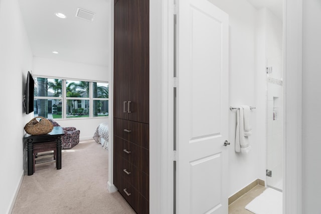 9237 Seahorse Bay Dr, Boynton Beach, FL 33473 - hallway with light colored carpet, visible vents, baseboards, and recessed lighting