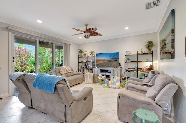 5541 Wishing Star Ln, Greenacres, FL 33463 - living room featuring crown molding, recessed lighting, light tile patterned floors, ceiling fan, and visible vents