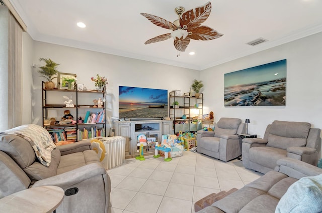 5541 Wishing Star Ln, Greenacres, FL 33463 - tiled living area featuring a ceiling fan, recessed lighting, crown molding, and visible vents
