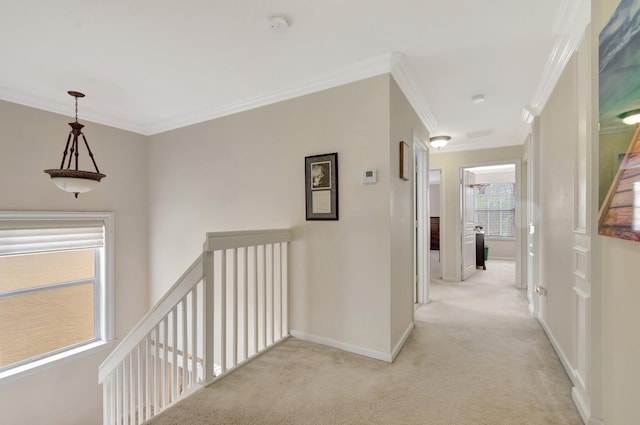 5541 Wishing Star Ln, Greenacres, FL 33463 - hallway featuring baseboards, an upstairs landing, ornamental molding, and light carpet