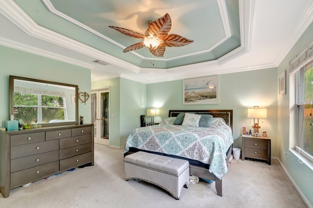 5541 Wishing Star Ln, Greenacres, FL 33463 - carpeted bedroom featuring crown molding, a ceiling fan, a raised ceiling, baseboards, and visible vents