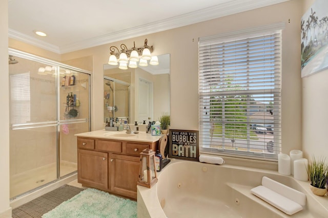 5541 Wishing Star Ln, Greenacres, FL 33463 - bathroom with vanity, a tub with jets, a stall shower, and crown molding
