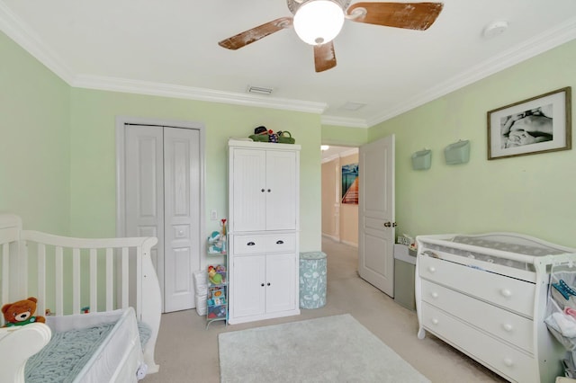 5541 Wishing Star Ln, Greenacres, FL 33463 - bedroom featuring light carpet, crown molding, ceiling fan, and visible vents