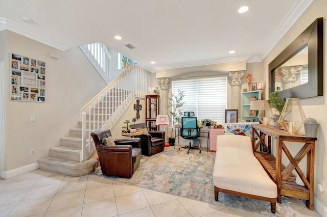 5541 Wishing Star Ln, Greenacres, FL 33463 - living room with baseboards, stairway, tile patterned flooring, and ornamental molding