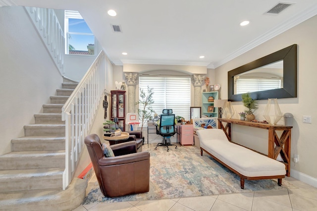 5541 Wishing Star Ln, Greenacres, FL 33463 - living area featuring visible vents, baseboards, ornamental molding, tile patterned floors, and stairway