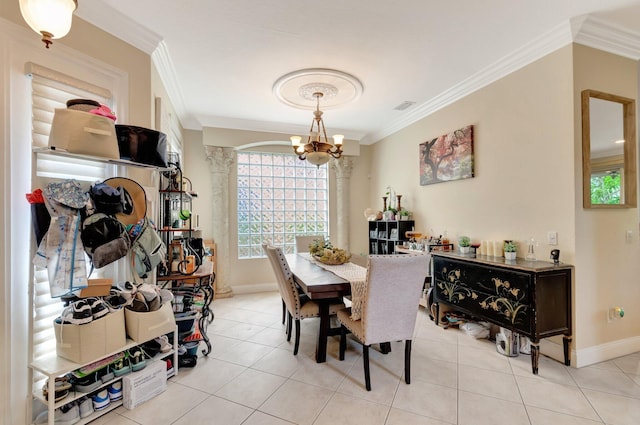 5541 Wishing Star Ln, Greenacres, FL 33463 - tiled dining space featuring baseboards, ornamental molding, visible vents, and a notable chandelier