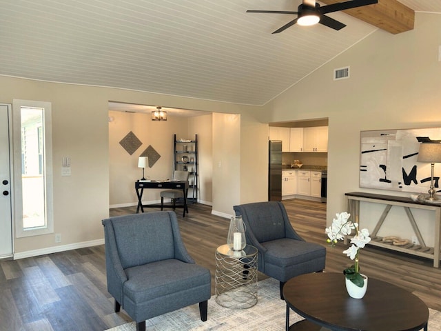 1701 SE Floresta Dr, Port Saint Lucie, FL 34983 - living room with dark wood-style floors, a ceiling fan, baseboards, beamed ceiling, and high vaulted ceiling