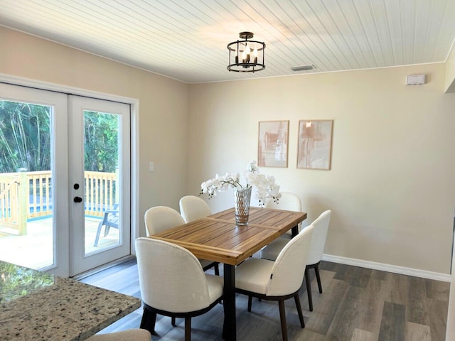 1701 SE Floresta Dr, Port Saint Lucie, FL 34983 - dining room featuring wood finished floors, french doors, wooden ceiling, a chandelier, and baseboards