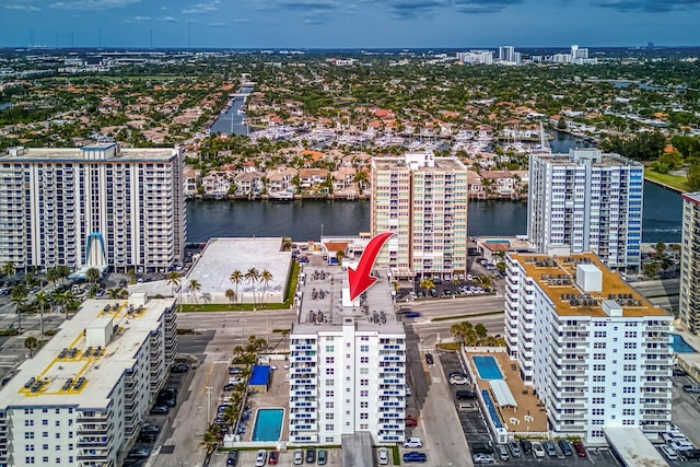 bird's eye view with a water view and a city view
