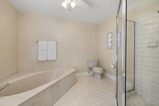 bathroom featuring a shower stall, ceiling fan, toilet, a garden tub, and tile patterned flooring
