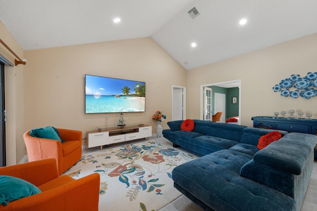 living room with high vaulted ceiling, visible vents, and recessed lighting