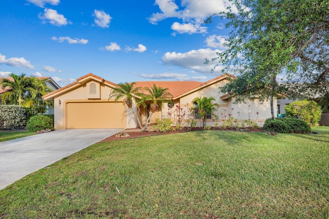 view of front of home featuring stucco siding, driveway, a garage, and a front lawn