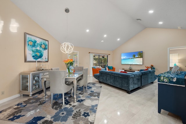 interior space featuring baseboards, visible vents, high vaulted ceiling, and recessed lighting
