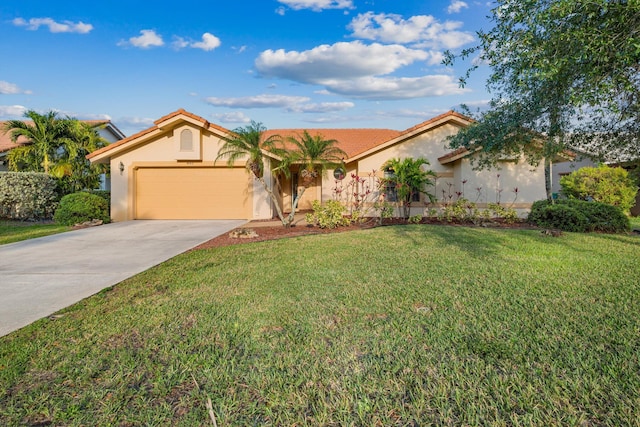 view of front of home with a tiled roof, stucco siding, an attached garage, and concrete driveway