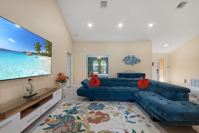 living room with baseboards, visible vents, recessed lighting, and a ceiling fan