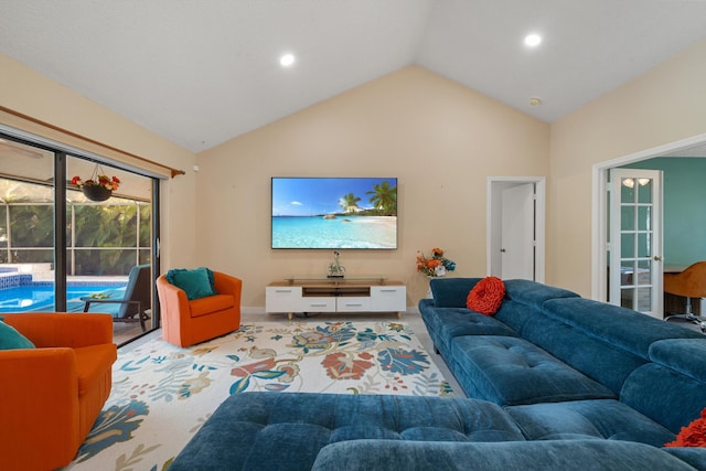 living room with carpet, baseboards, vaulted ceiling, and recessed lighting