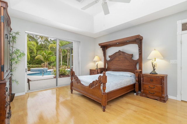 bedroom with baseboards, ceiling fan, access to outside, and light wood finished floors