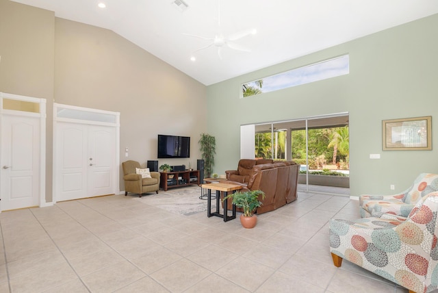 living area featuring light tile patterned flooring, high vaulted ceiling, visible vents, ceiling fan, and recessed lighting